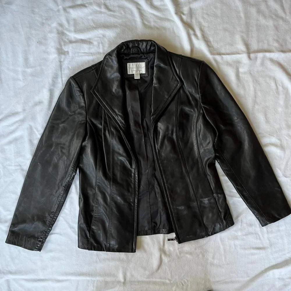 Vintage Worthington Leather Jacket Women Small Black Lambskin Zip Up Moto Y2K